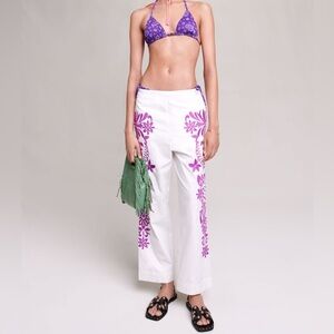 NWOT Maje White & Purple Embroidered Wide Leg Elastic-Waist Summer Beach Pants